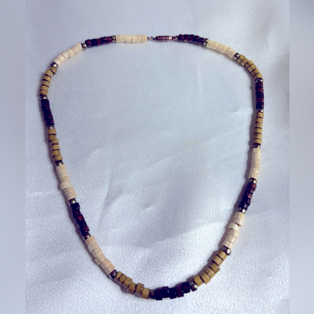 Handmade Casual Necklace in Cream and Brown wood beads approx 17 inches